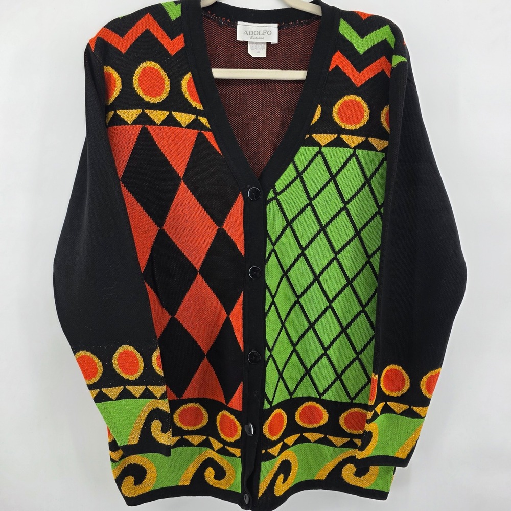 ADOLFO Exclusive Large Black Multi Color Argyle Diamond Geometric Knit Cardigan